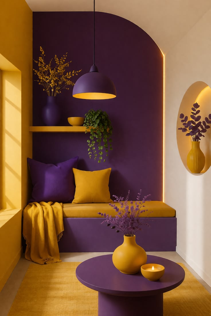 Stunning Purple and Yellow Modern Living Room _ Bold Interior Design Ideas